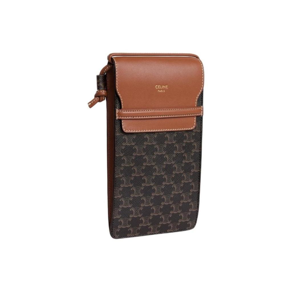 Celine Triomphe Classic Allover-Print Vintage-Print Klapptasche Leinwand mit Lammlederbesatz Schulter-Handytasche Damen Tan