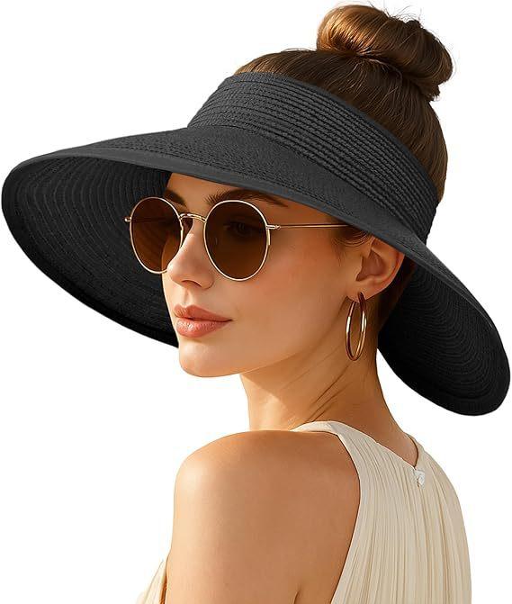 Cappello Visiera Parasole Sportivo da Donna Traspirante a Tesa Larga con Parte Superiore Aperta in Paglia con Fascia Regolabile per Spiaggia Escursionismo Corsa