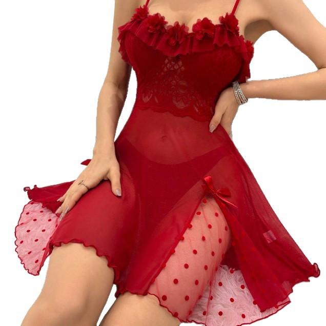 Sex underwear sexy mesh perspective pajamas lace suspender nightdress women's loungewear