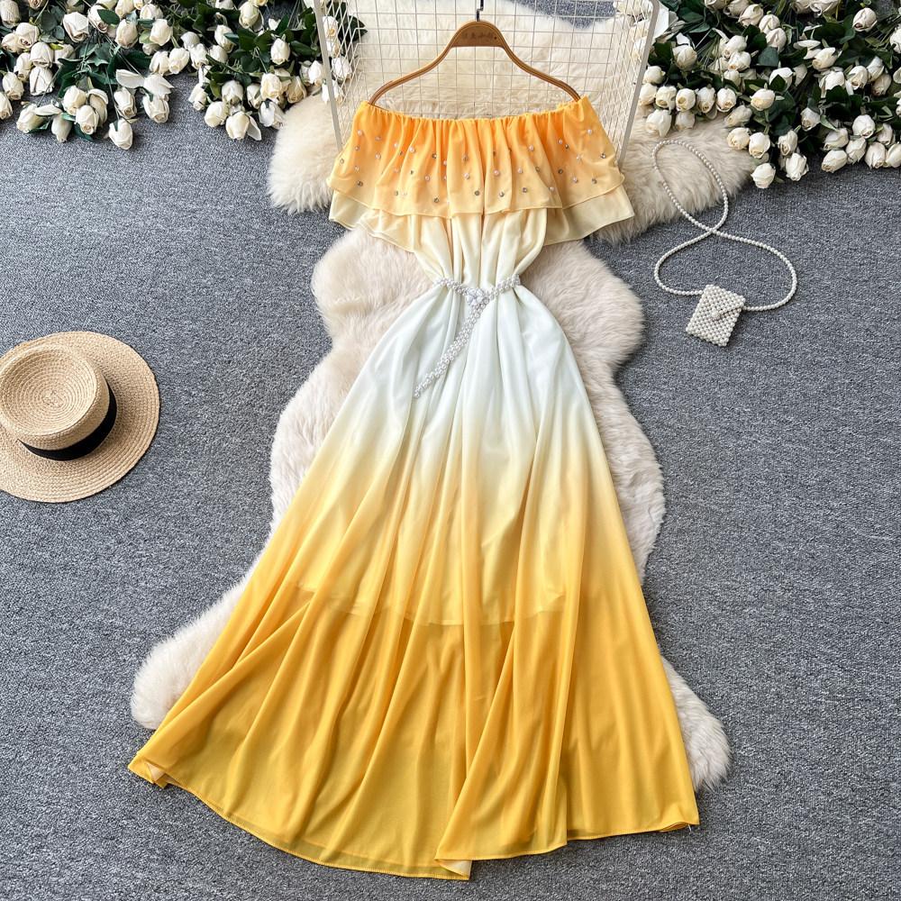 New Women's Summer Sleeveless Print Dress Pearl One-Neck High Waist A-Dress Commuter High Street Style