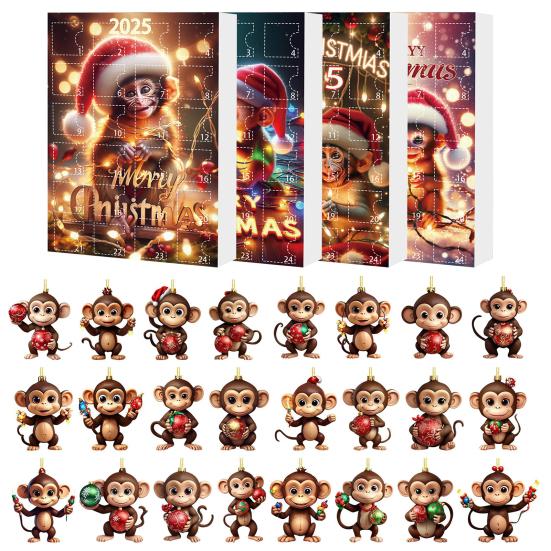 Monkey Advent Calendar 2025 2D Acrylic Monkey Hanging Ornament for Christmas Tree 24 Days Christmas Countdown Calendar for Kids Adult