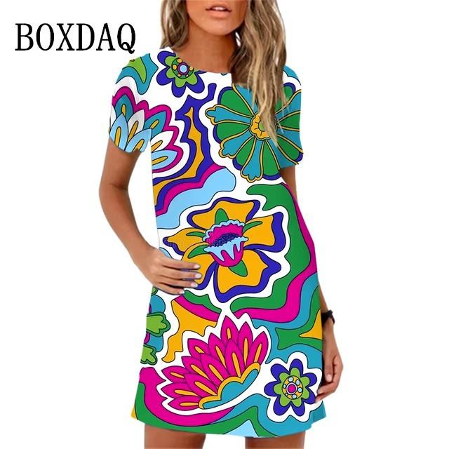 Elegante Abito Midi da Donna a Maniche Corte Moda Stampa 3D Taglie Forti Abbigliamento da Spiaggia