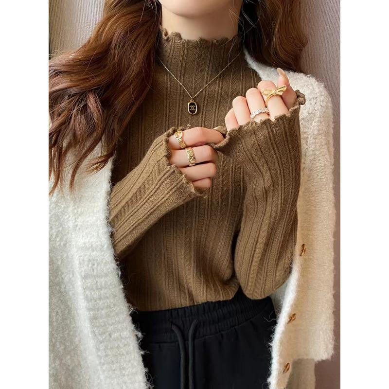 Autumn and Winter Women's Wooden Ear Bottoming Sweater, Fashionable New Half-high Collar Women's Long-sleeved Thick Sweater 2618#