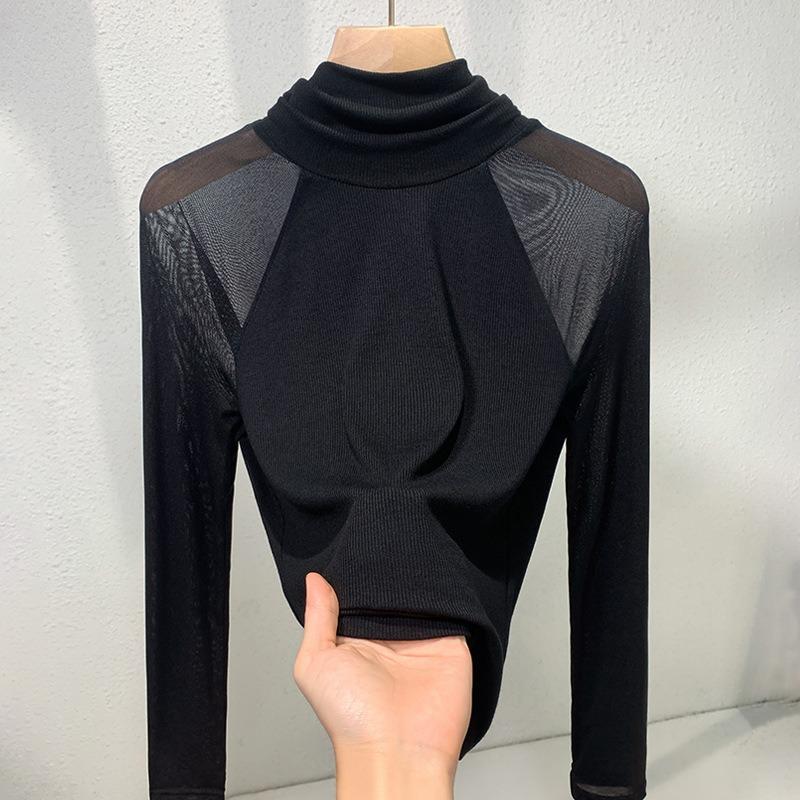 

Черная водолазка сетчатая базовая рубашка женская с длинным рукавом новая весенняя тонкая внутренняя модная омолаживающая кофта 3XL чёрный