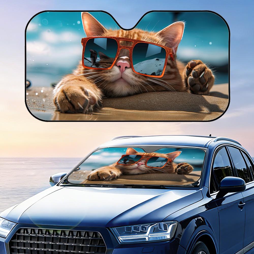 Cat Perched on Beach Sun Visor Reusable Aluminum Foil Windshield UV Protection Heat Insulation Cover Sun Visor Sunshade