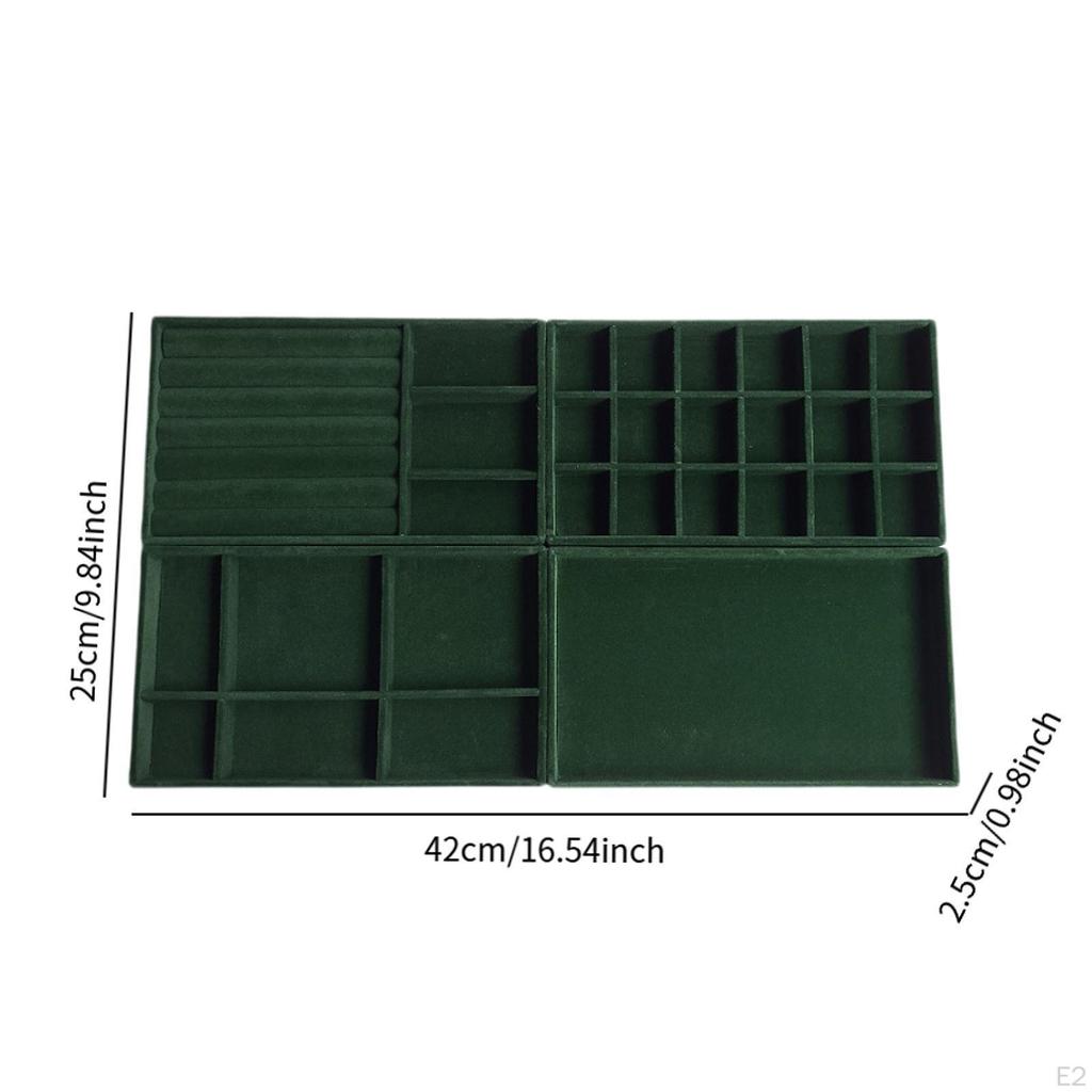 4Pcs Jewelry Trays Green Velvet for Closet Dresser Showcase Drawers Stackable Organizer