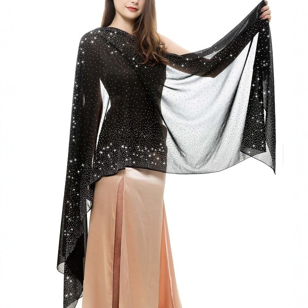 Rhinestone Women Chiffon Shawl Solid Color Soft Sparkling Sheer Wrap Breathable Thin Party Scarf