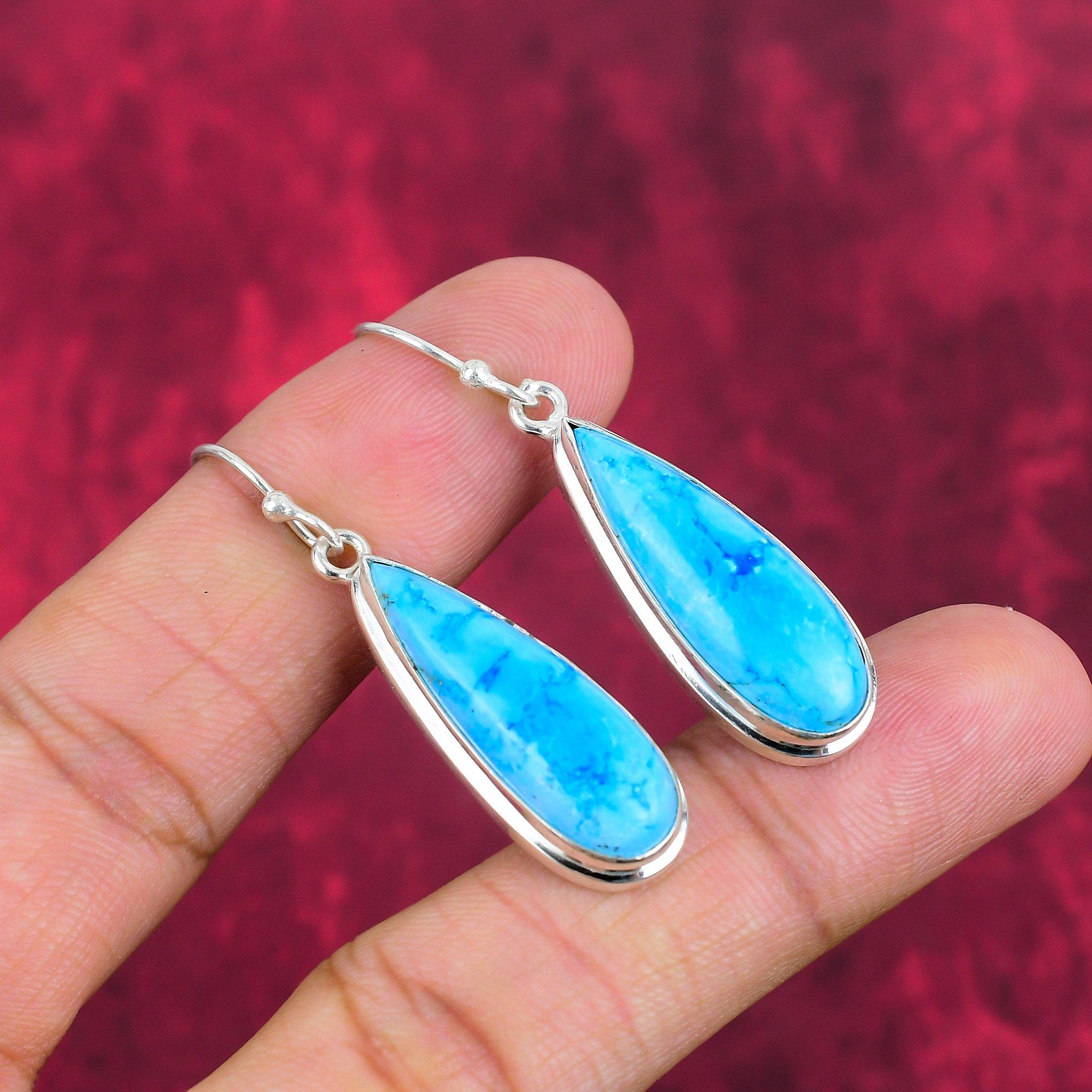 

Серьги ручной работы из голубого бирюзового драгоценного камня, антикварные ювелирные серьги из стерлингового серебра 925 пробы, для подарка на помолвку 1.97 Inches синий