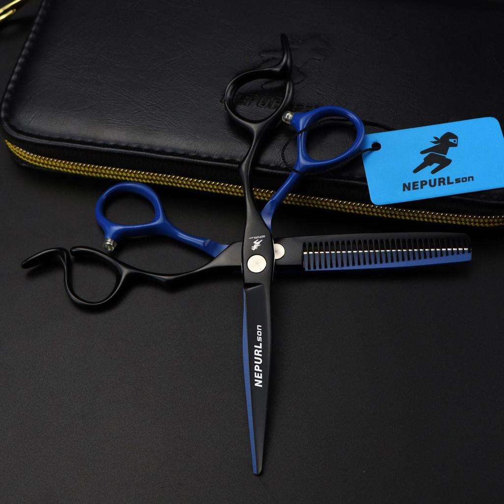 6.0-Inch Black Blue Hairdressing Scissors: Straight & Thinning Shears for Bangs