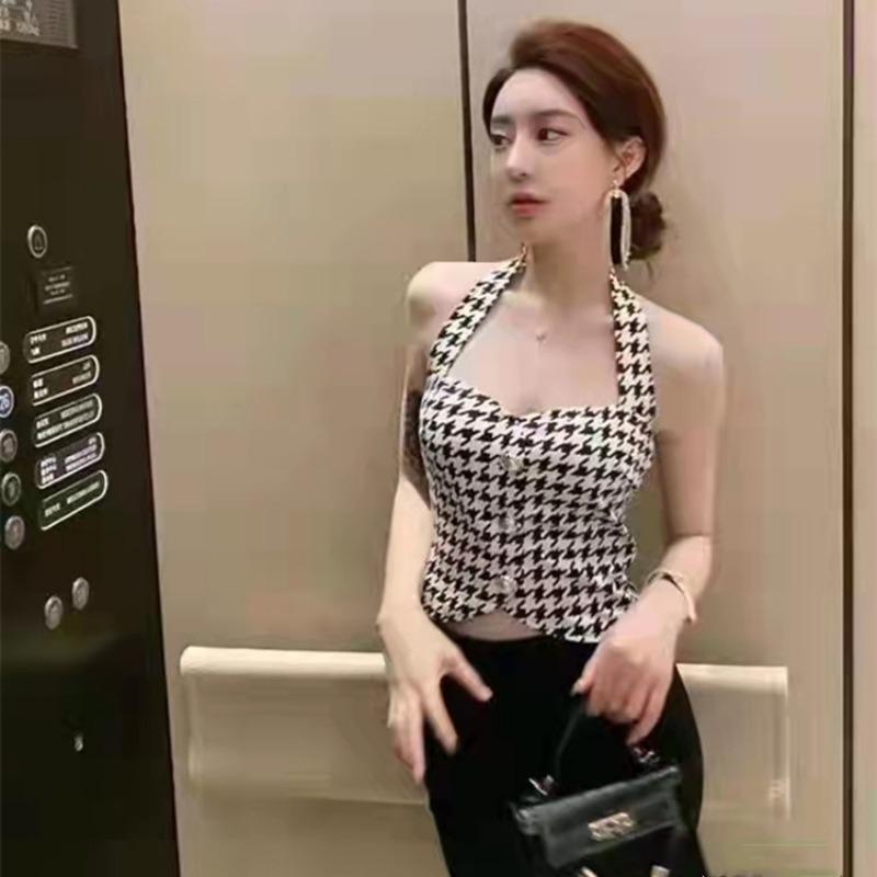 Thousand-bird Grid Halter Waistcoat Hong Kong Wind Retro with New Temperament Waist Slimming Retro Top Tide