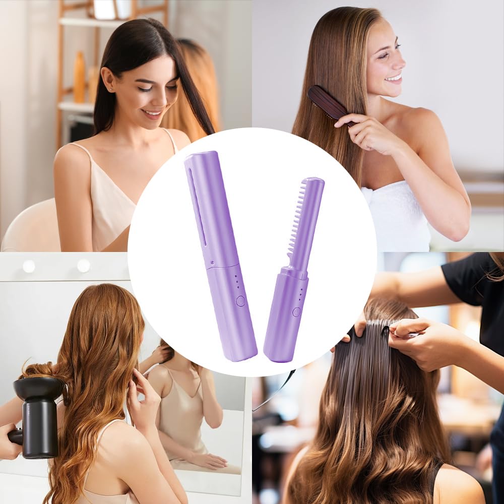 Cordless Hair Iron with Heated Temperature Adjustment USB Hair Hair Texture Straightening Hair Iron Brush 2-in-1 Brush, 150-200℃ Adjustment, Portable,