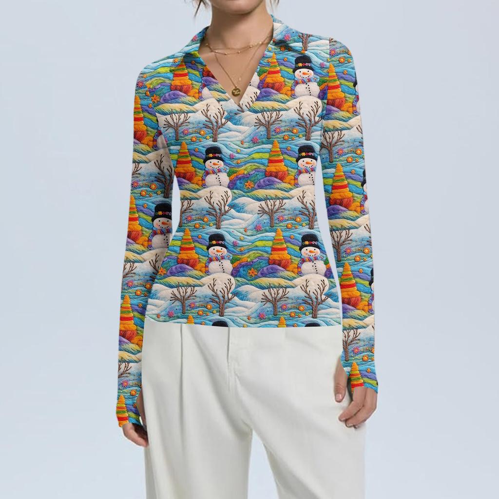 Women's Fashion Casual Christmas Print V-Neck Long Sleeve Button-Down Top