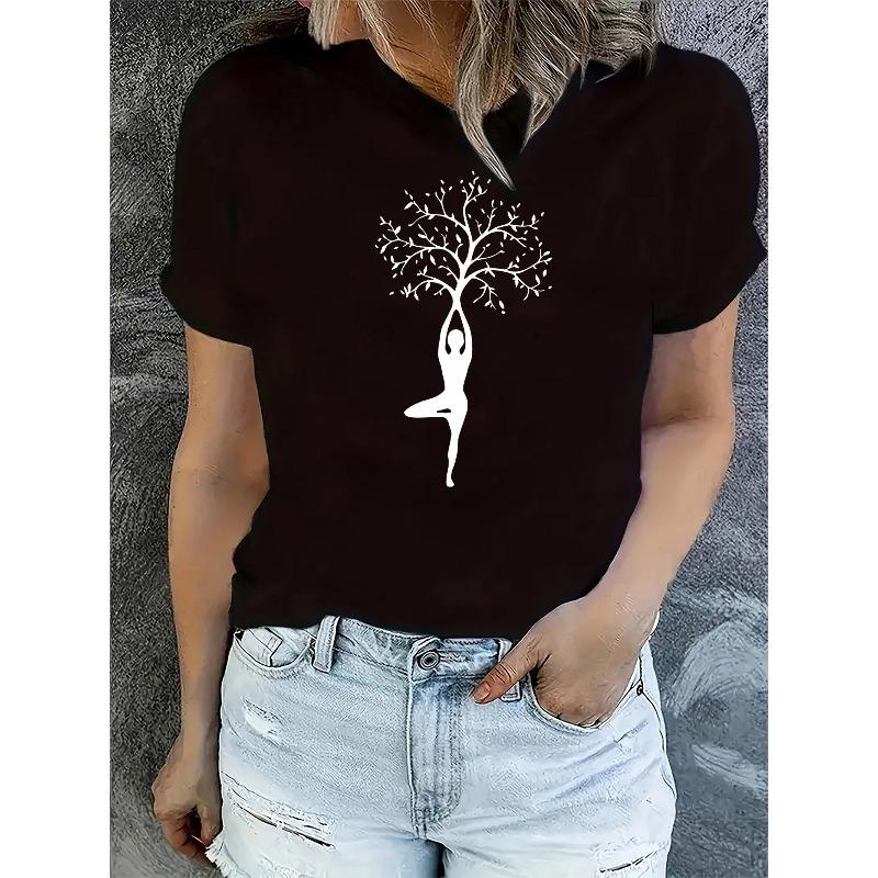 

Women s Yoga-Inspired Geometric Tree Branch Print T-Shirt , Round Neck Casual Tee for Summer Machine Washable, Nontransparent Material S чёрный