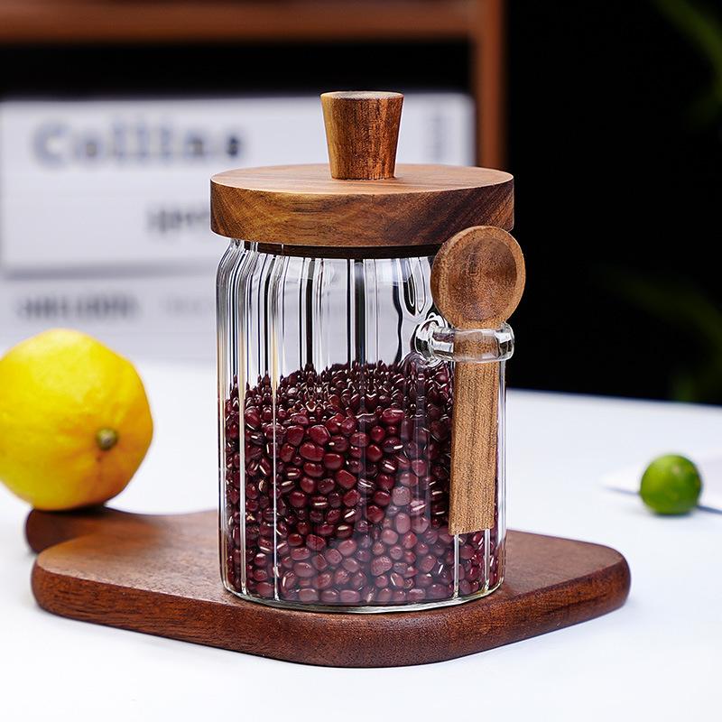 New household thickened honey storage tank with stirring stick Acacia wood cover transparent glass food sealed jar