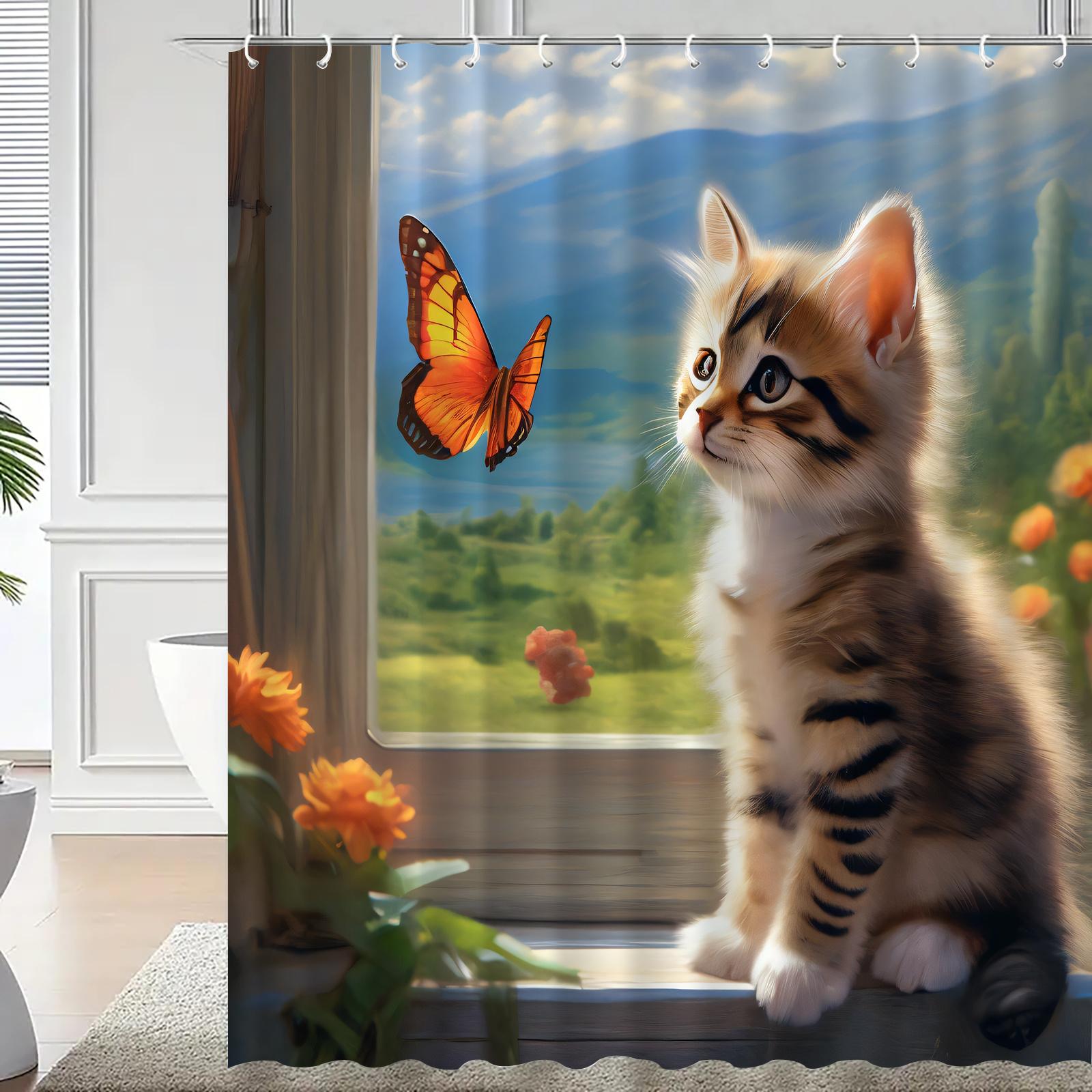 

Cute Kitten Shower Curtain Cat and Butterfly Window Scene Nature Art Kids Decor Waterproof Fabric Bath Curtain Set Home 90x180CM