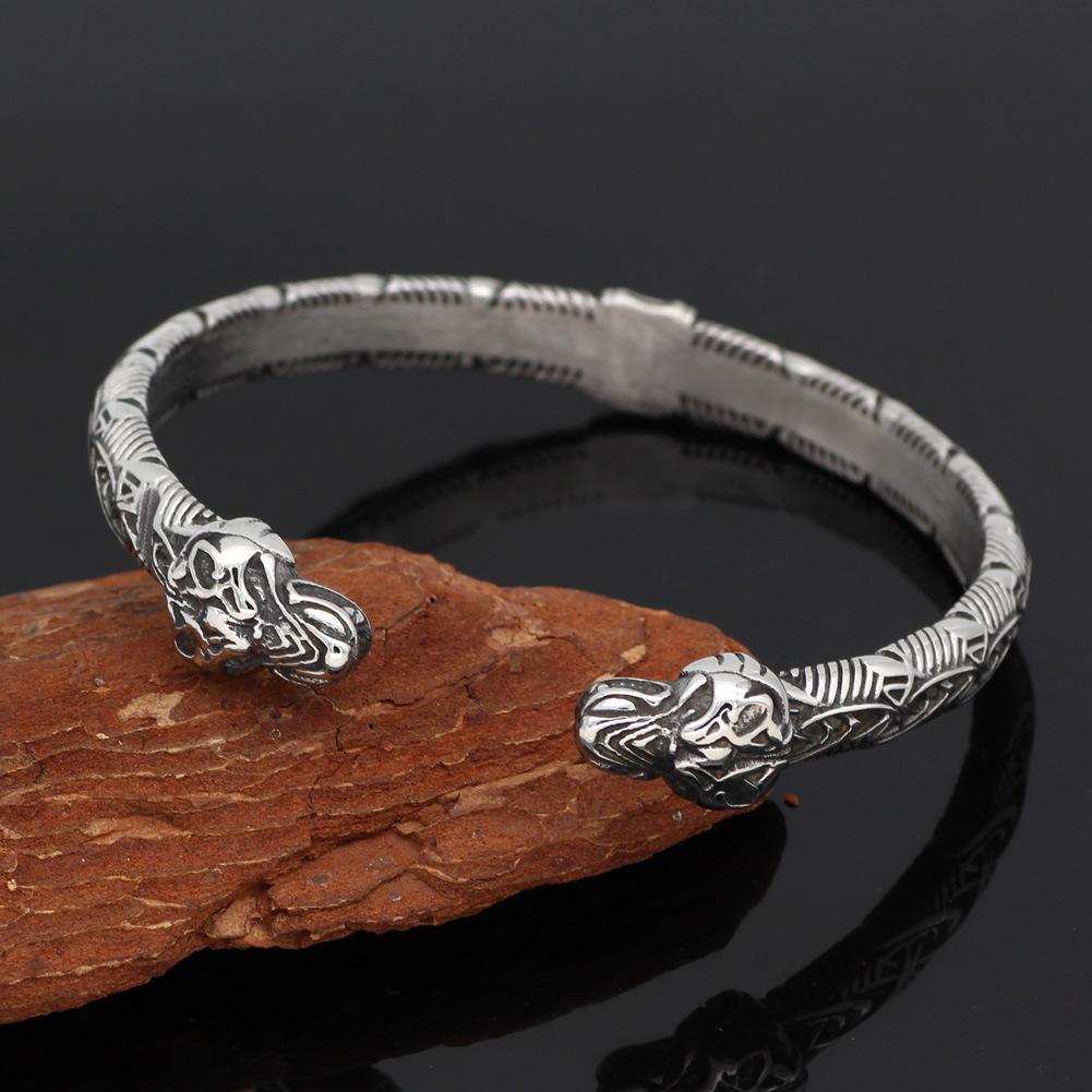 Stainless Steel Adjustable Viking Wolf Head Rune Men's Bracelet