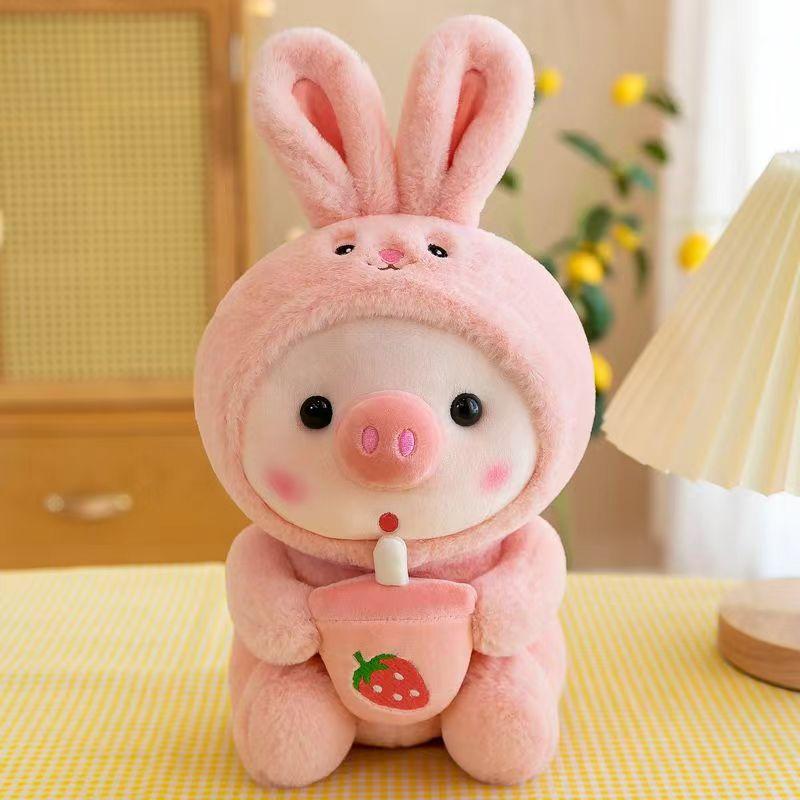 25cm Kawaii Blasen-Schwein Plüschtier Stofftier Hase Frosch Tiger Weiches Kissen Tasse Milchtee Boba Plüschtiere Puppe Kinder Geburtstagsgeschenke