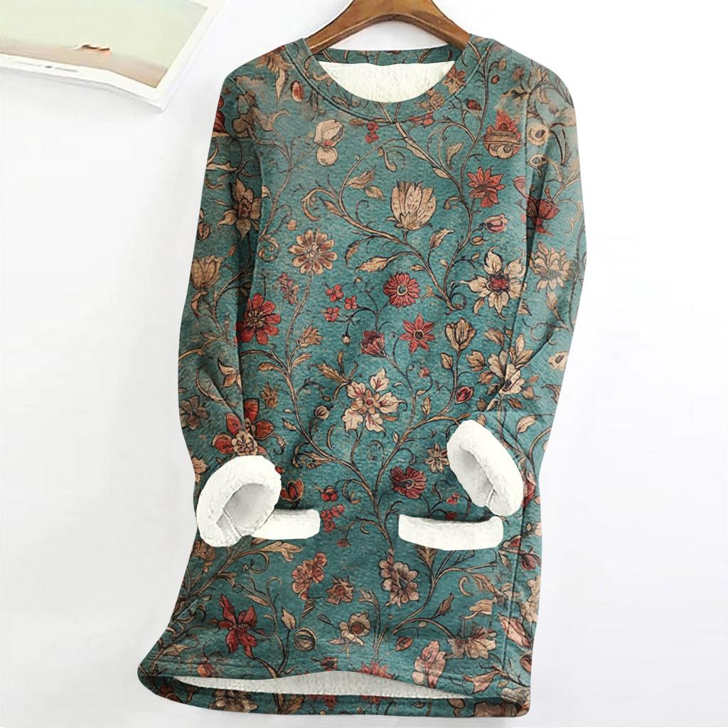 Women's Round Neck Top Printing Thickened Plush Cashmere Warm Long Top