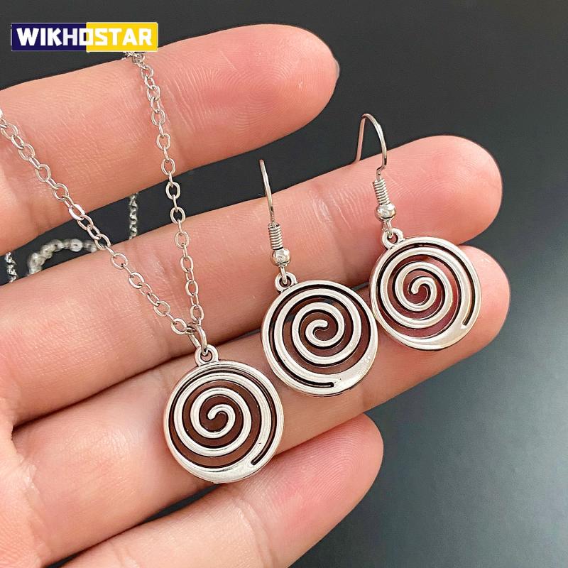 Vintage Spiral Vortex Charms Jewelry Set Silver Color Spiral Vortex Earrings Necklace for Women Jewelry Accessories
