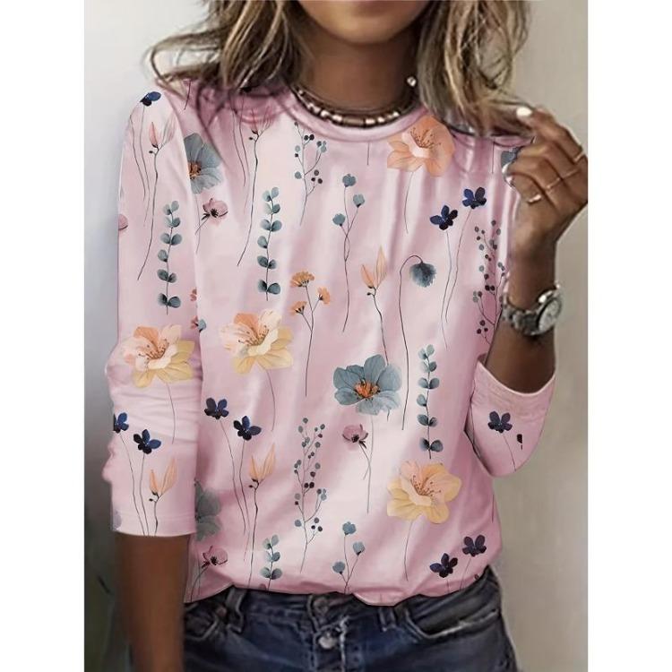 Casual Long Sleeve Women's Floral Print Sweatshirt Spring Fall Clothing Crew Neck