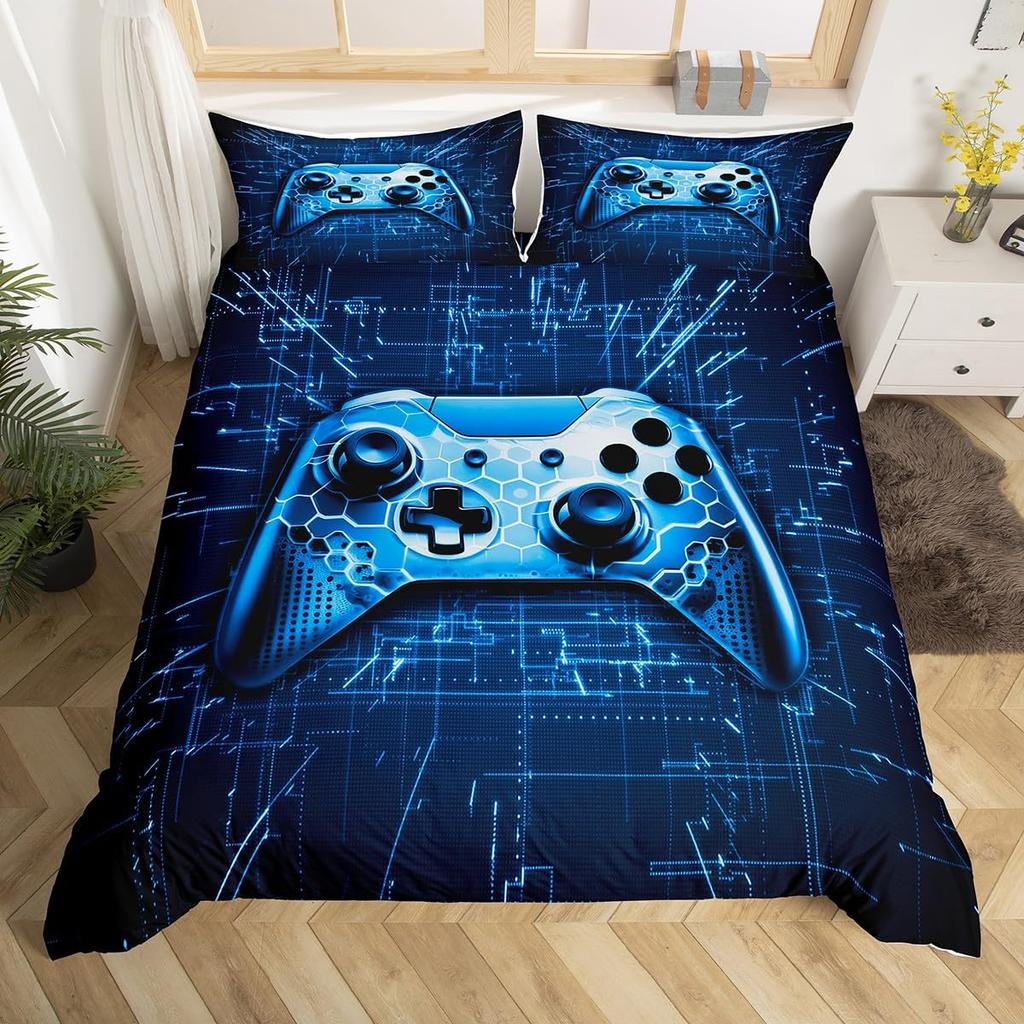 Boys Gaming Full King Duvet Cover Set,Cool Video Game Console Print Comforter Cover With Pillowcase,3D Gamepad Gamer Bedding Set