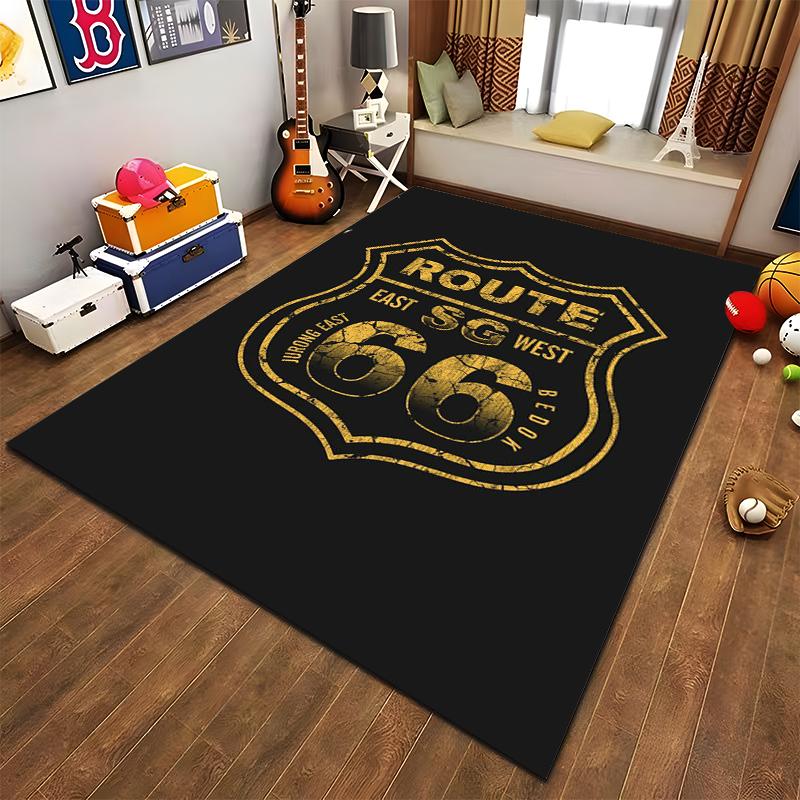 Route 66 Decorative Carpet, Black Background with Gold Print Design Suitable for use as an anti-slip for living room bedroom sofas