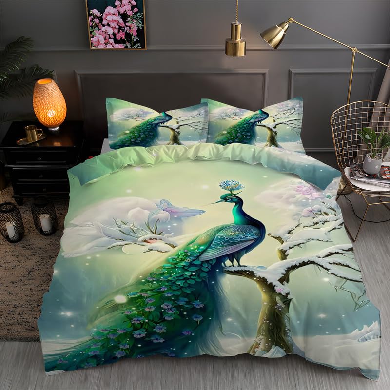 Floral Peacock Comforter Set Twin King Full Size, Bedding Set for Kids,Quilt Cover Peacock Duvet Set Girl Bedroom Decor 3 Pieces