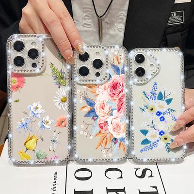 Luxury Floral Pattern Clear Shockproof Case For iPhone 16 Pro Max 16E 15 14 Pro 13 12 11 Diamond Frame Anti-Fall Soft Silicone Phone Cover