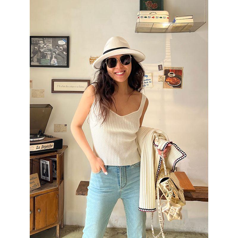 

Blacknini Инь Вафля Выбор Алашань Кашемир Вязаный кардиган Майка-слинг Костюм White Vest L