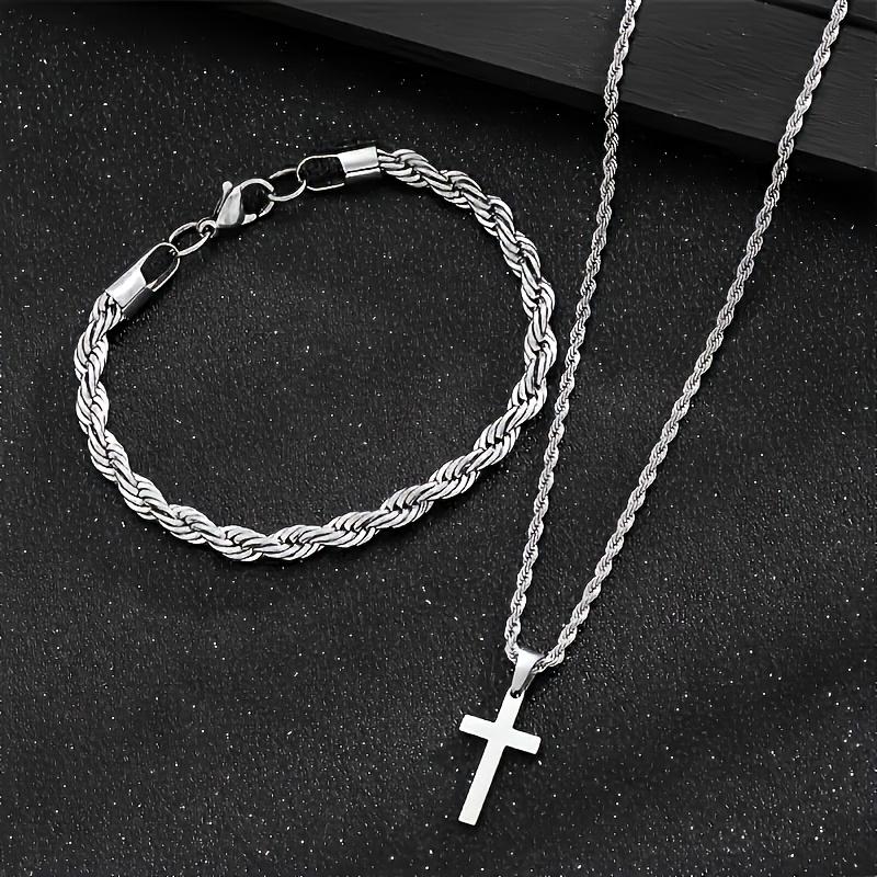 Gold Plated Stainless Steel Cross Pendant Necklace & Rope Chain Bracelet Jewelry Set for Men Women