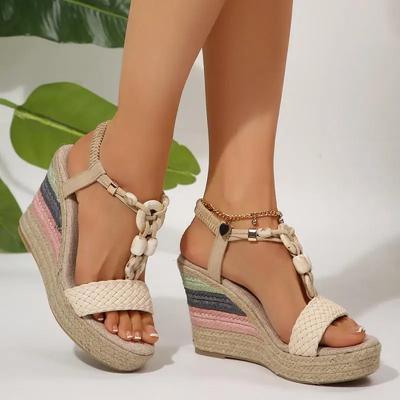 Bohemia Woven Strap Button Bead Decoration Sandals Women 2025 Summer Chunky Platform Wedge Heel Shoes Casual Hemp Sole Sandals