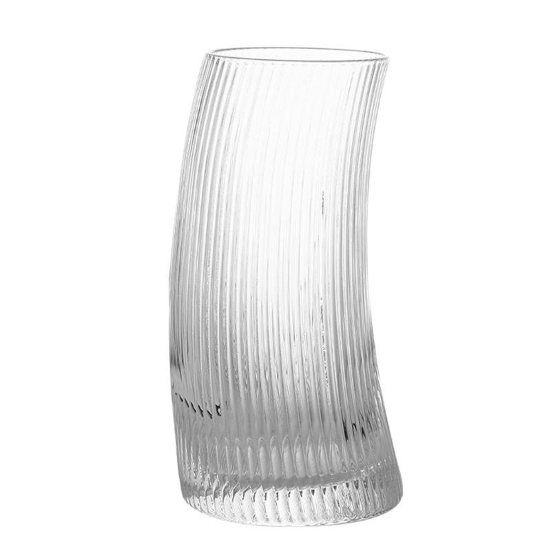 Curved Moon Shape Glass Mug Transparent Ribbed Drinking Cup for Home Breakfasts Parties Event and Social Gatherings