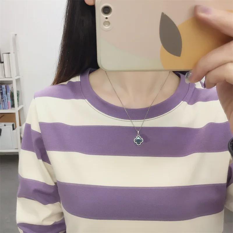 Spring 2024 Korean Oversized Striped Cotton Long-Sleeve Women's T-Shirt