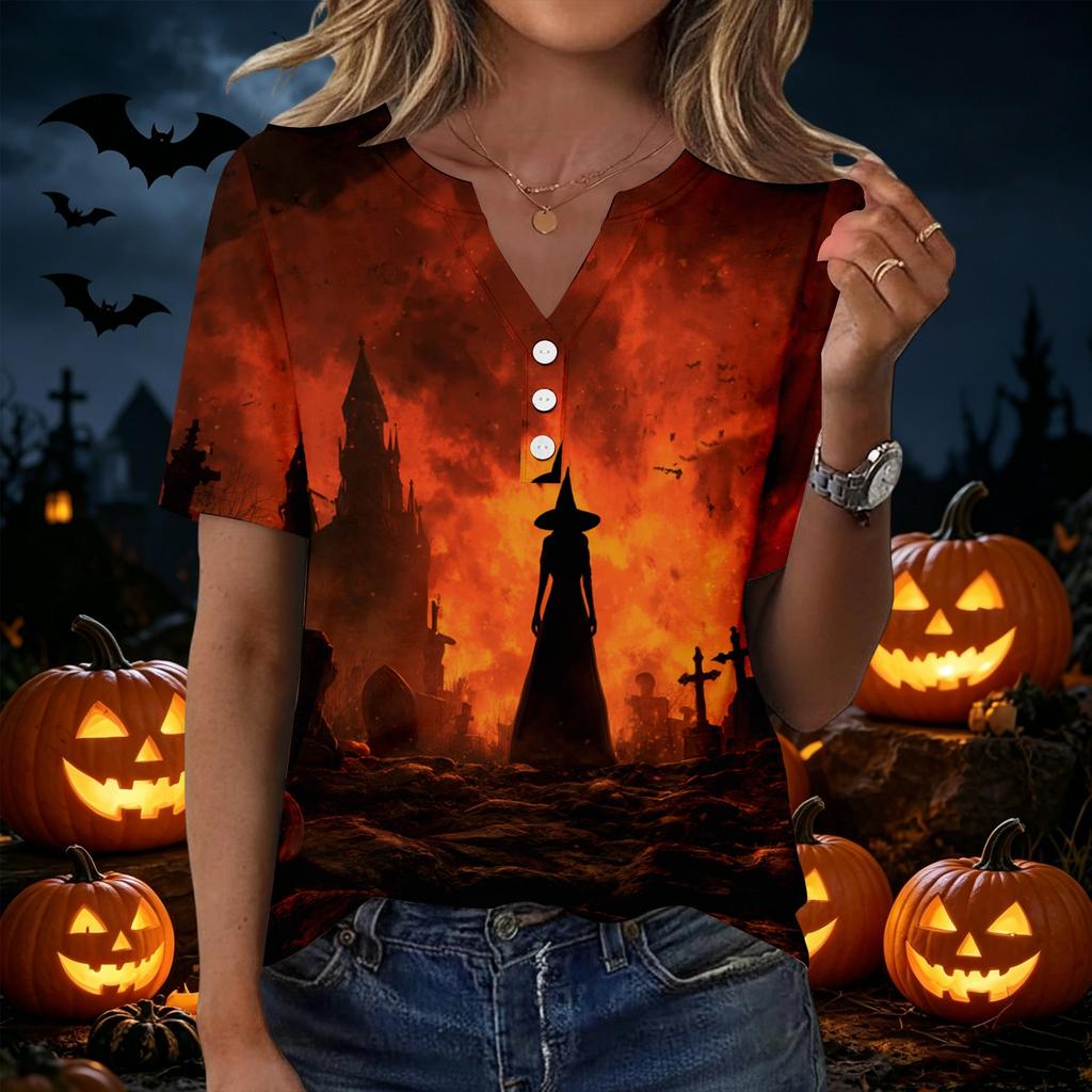 Women's Casual Halloween Print V Neck Short Sleeve Button Detail T Shirt Top Suitable for Everyday Wear and Seasonal Events