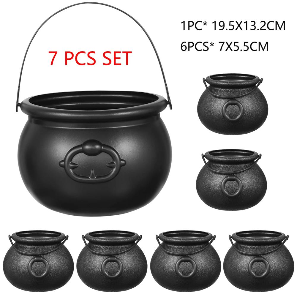 Halloween Candy Bucket Jar Trick Or Treat Black Plastic Cauldron Witch Bowls with Handle Halloween Party Decorations Props