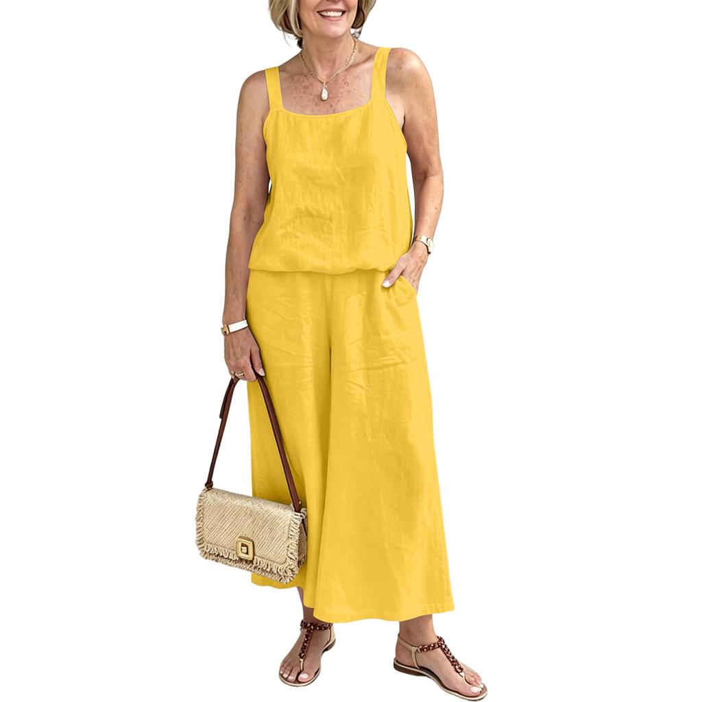Women Linen Two Piece Set Sleeveless Tank Top Wide Leg Pants Casual Summer Outfit Lightweight Breathable Fabric