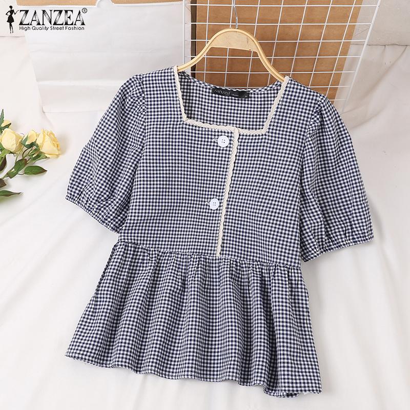 

ZANZEA Женская летняя блузка в клетку с квадратным воротником и пышными рукавами