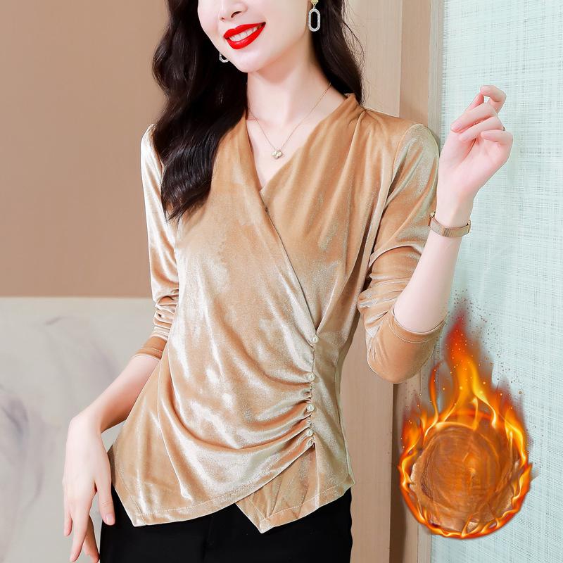 Fashionable Autumn and Winter New V-neck Design with Gold Velvet Slim Fit and Slim Outside Wearing A Base Shirt