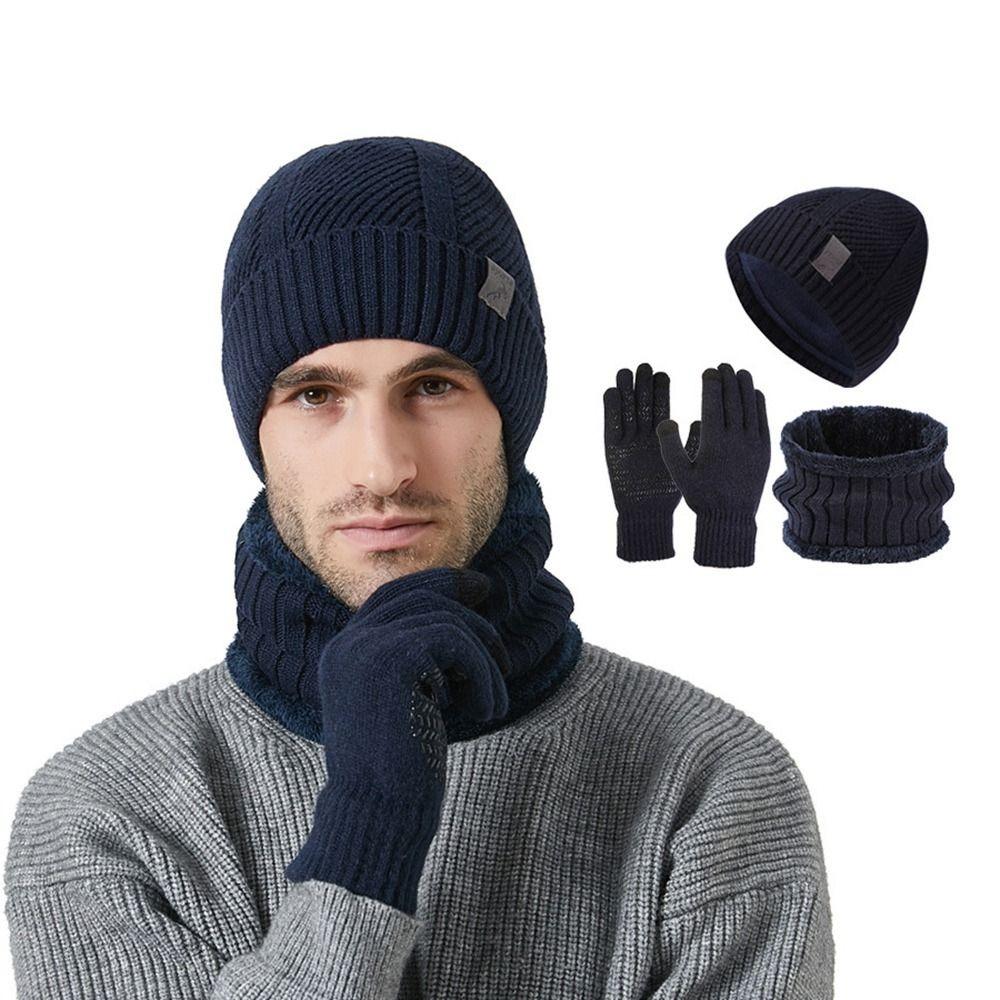 3Pcs/Set Plush Lining Knit Beanie Snood Set Warm Touchscreen Gloves for Men