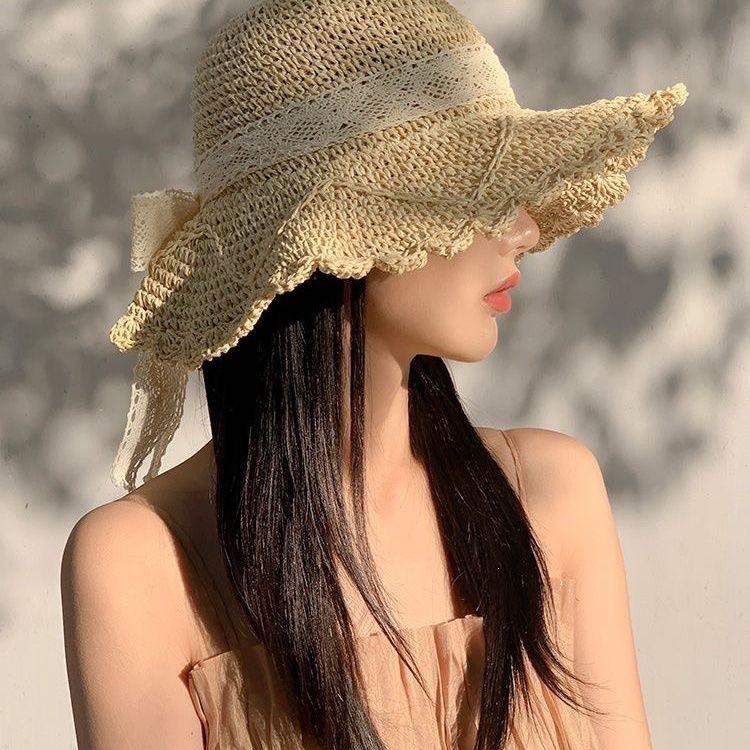 Lace Straw Sun Hat Children's Large Brim Summer Breathable Straw Hat Seaside Full Face Shading Sun Protection Hat Tide