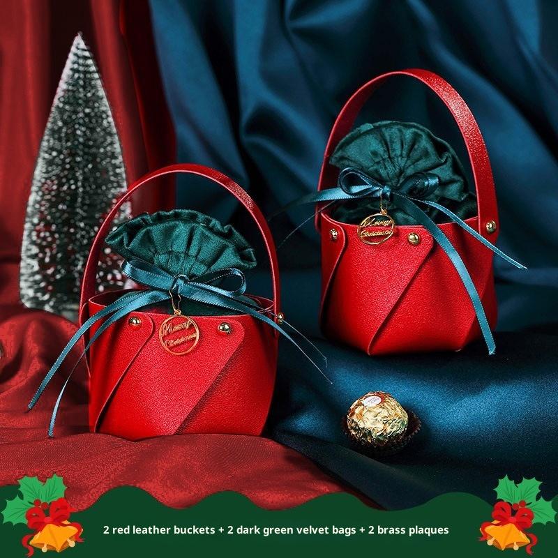 Red Leatherette Gift Bag with Gold Ornaments,Festive Gift Containers for Holiday Candies & Small Presents
