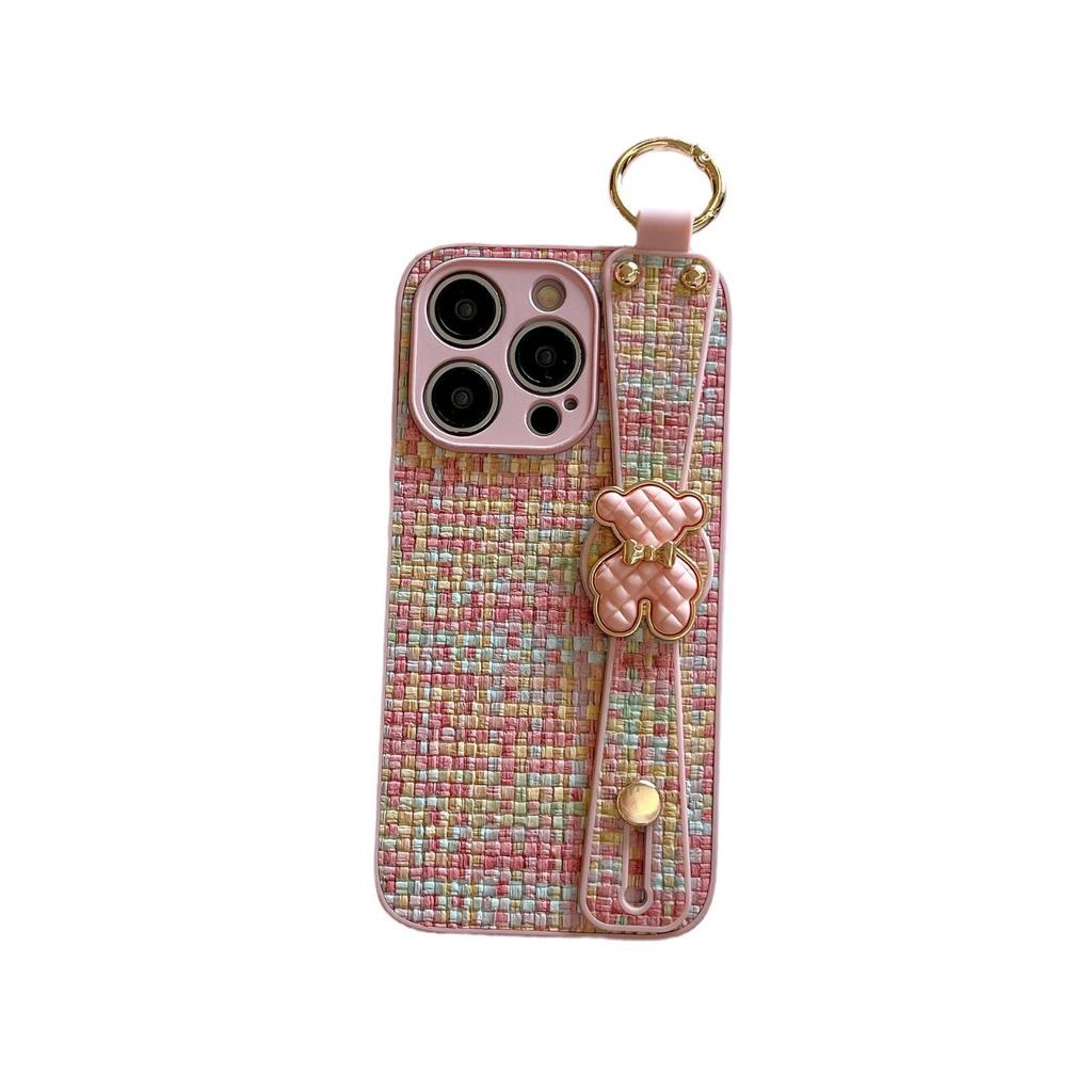 Compatible with Apple 16 Pro Max Case, Apple 14 Plaid Weave, 13 Bear Wrist Strap, 11 Protective Case, Women's 12 Case.