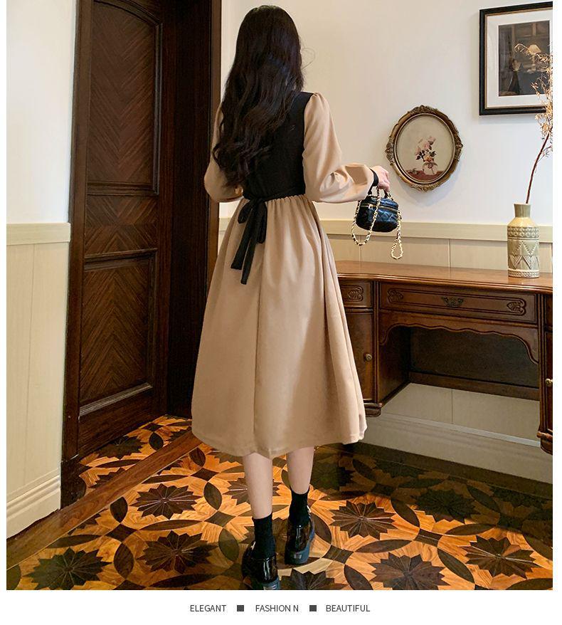 2026 Autumn Korean Style Elegant Waist-cinching Slim Fit French Retro Patchwork Midi Dress