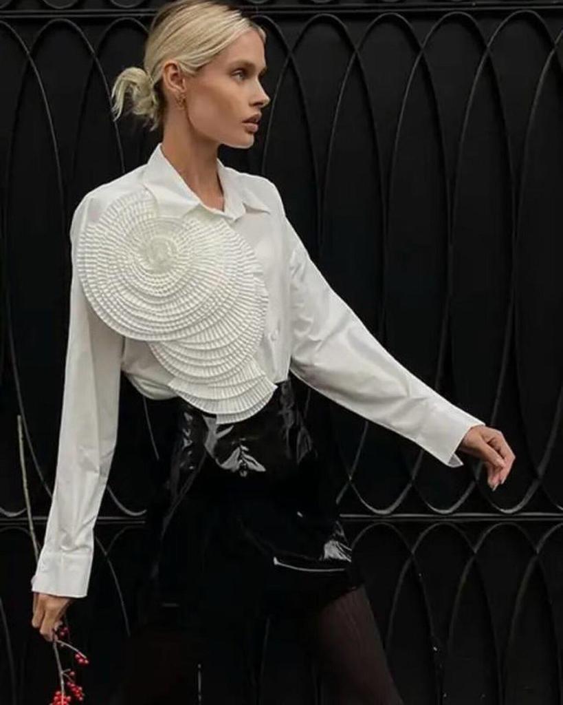 Herbstmode für Damen: Französisches Plissee 3D Blumen Streetstyle Hemd