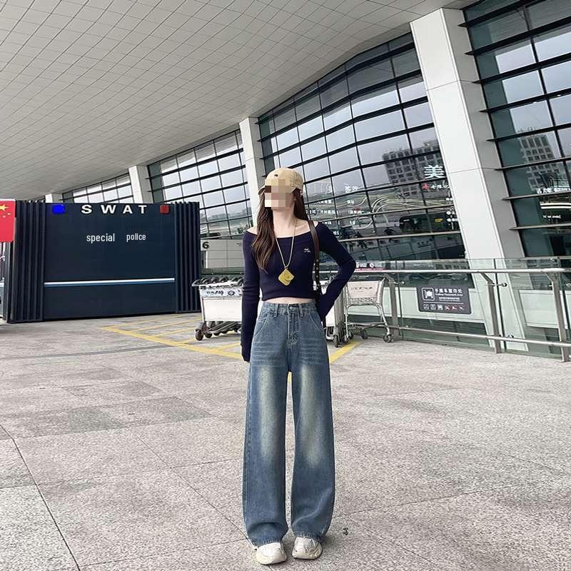 

Winter Plus Size Women s High Waist Blue Jeans - Loose, Slimming, Wide Leg, Straight Cut. M синий