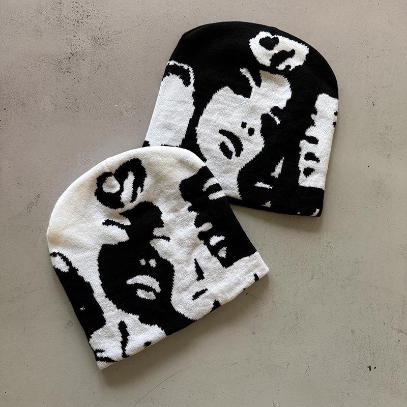 1pc Face Pattern Intarsia Beanie Hats,winter Casual windproof elastic skull Cap,Suitable for outdoor activities and daily wear