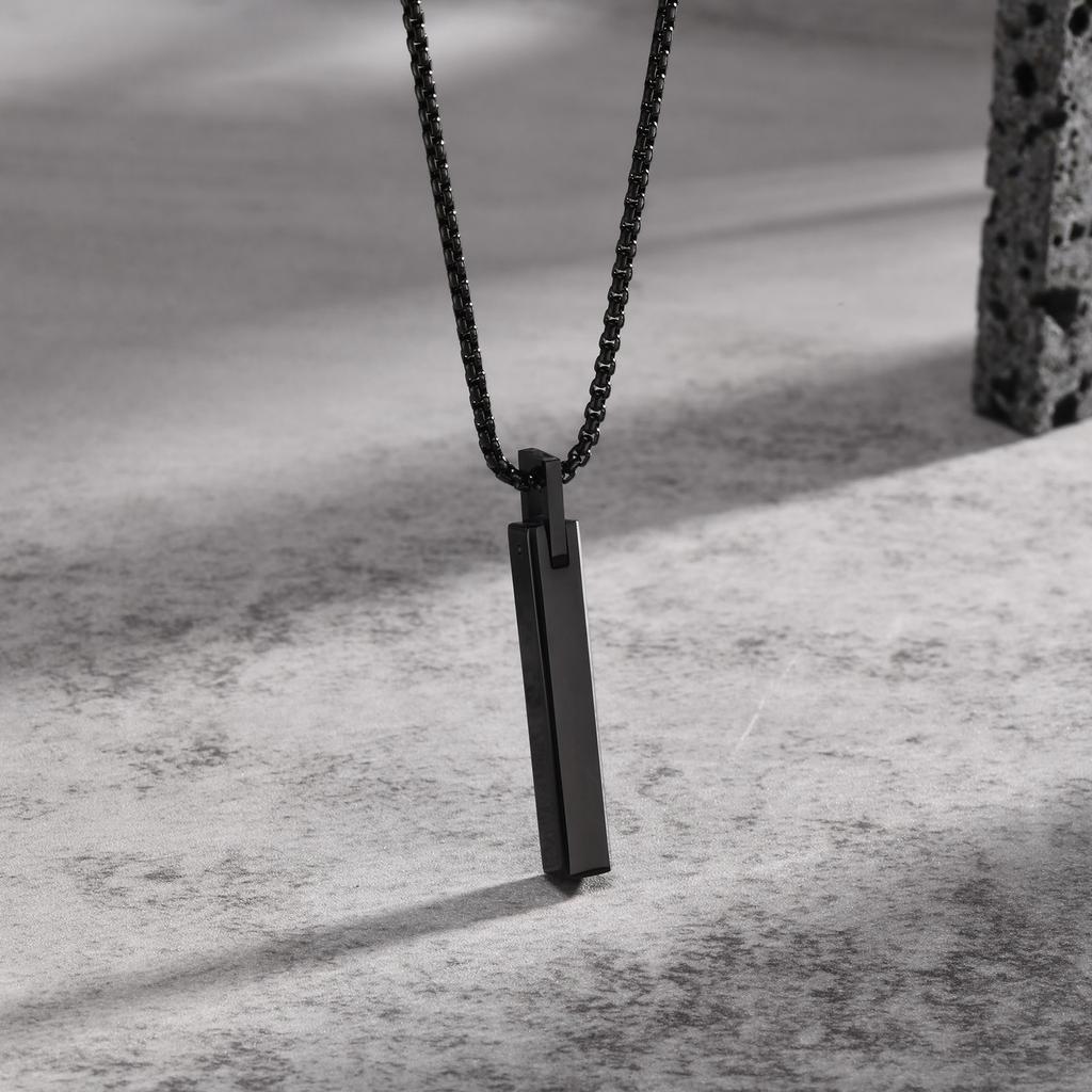 Waterproof 3D Vertical Bar Necklaces for Men,Minimalist Stainless Steel Geometric Pendant with Box Chain,Male Collar Jewelry