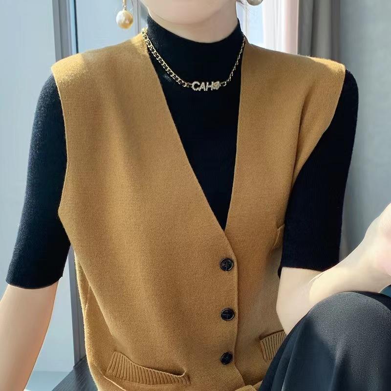 Jarní nový V-výstřih vesta, Dámská pletená vesta bez rukávů, Volný a zeštíhlující svetrový vestička