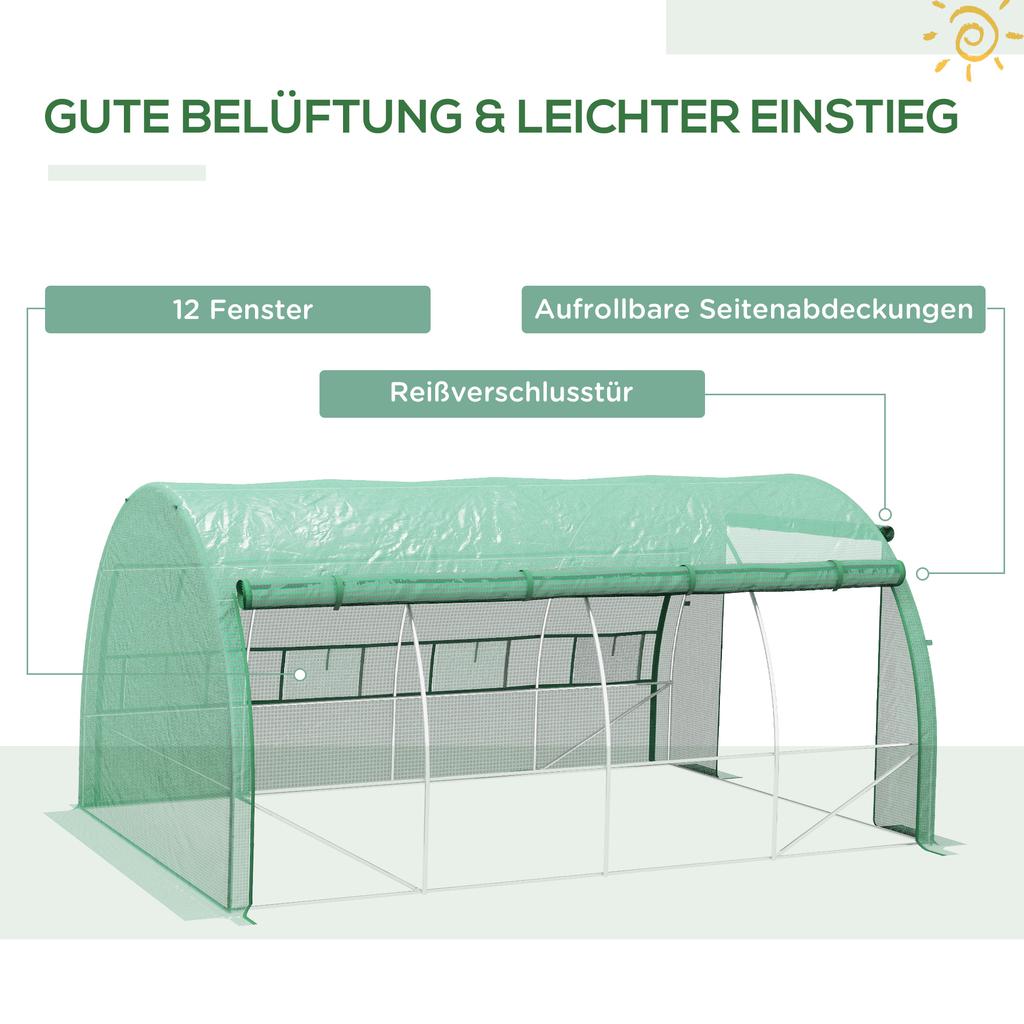 Polytunnel Greenhouse Walk-in Grow House Tent with Roll-up Sidewalls, Zipped Door and 8 Windows, 4x3x2m Green