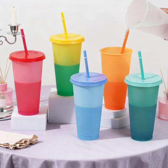 Color Changing Plastic Tumbler with Straw 24oz Reusable Cold Water Cup